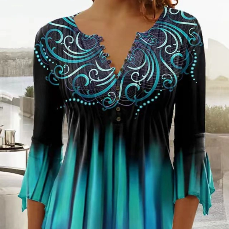 3D Digital Printing Women's Half Cardigan V-neck Small Button Long-sleeved Top