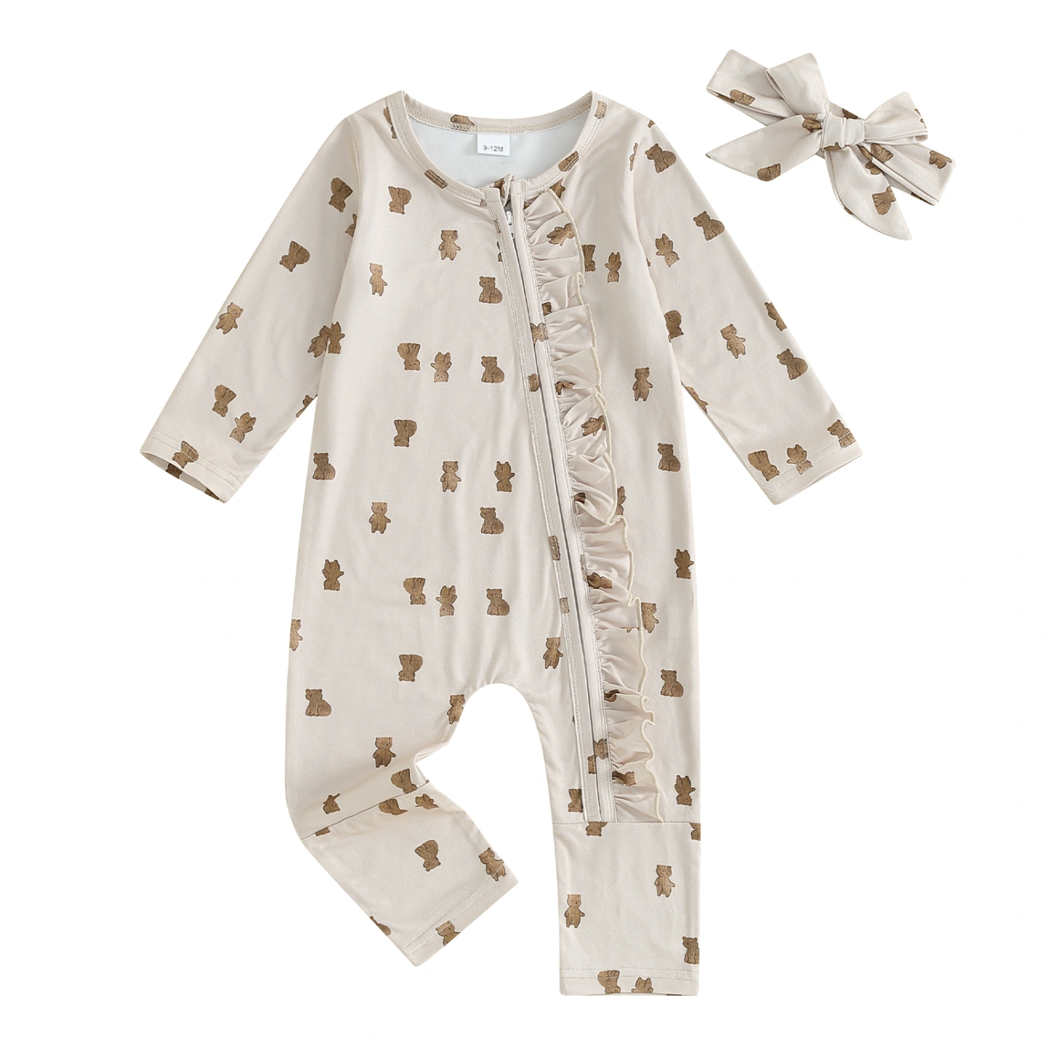 Baby Girls 2 Piece Outfits Bear Print Ruffle Romper and Headband