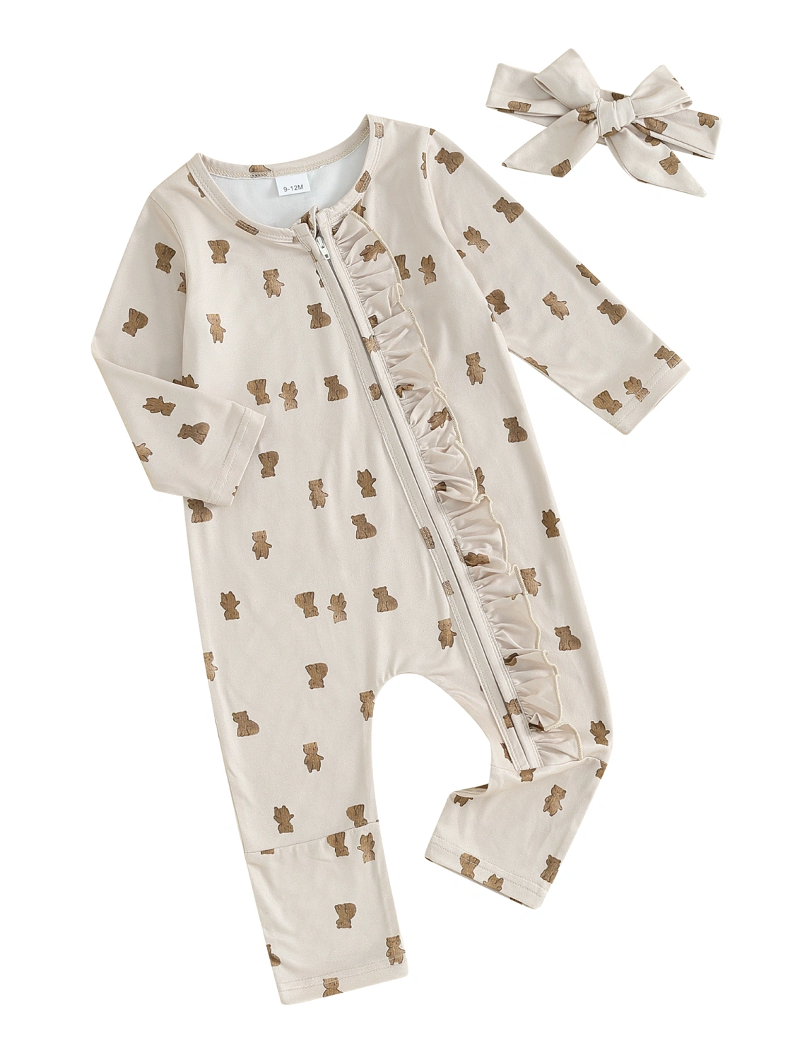 Baby Girls 2 Piece Outfits Bear Print Ruffle Romper and Headband