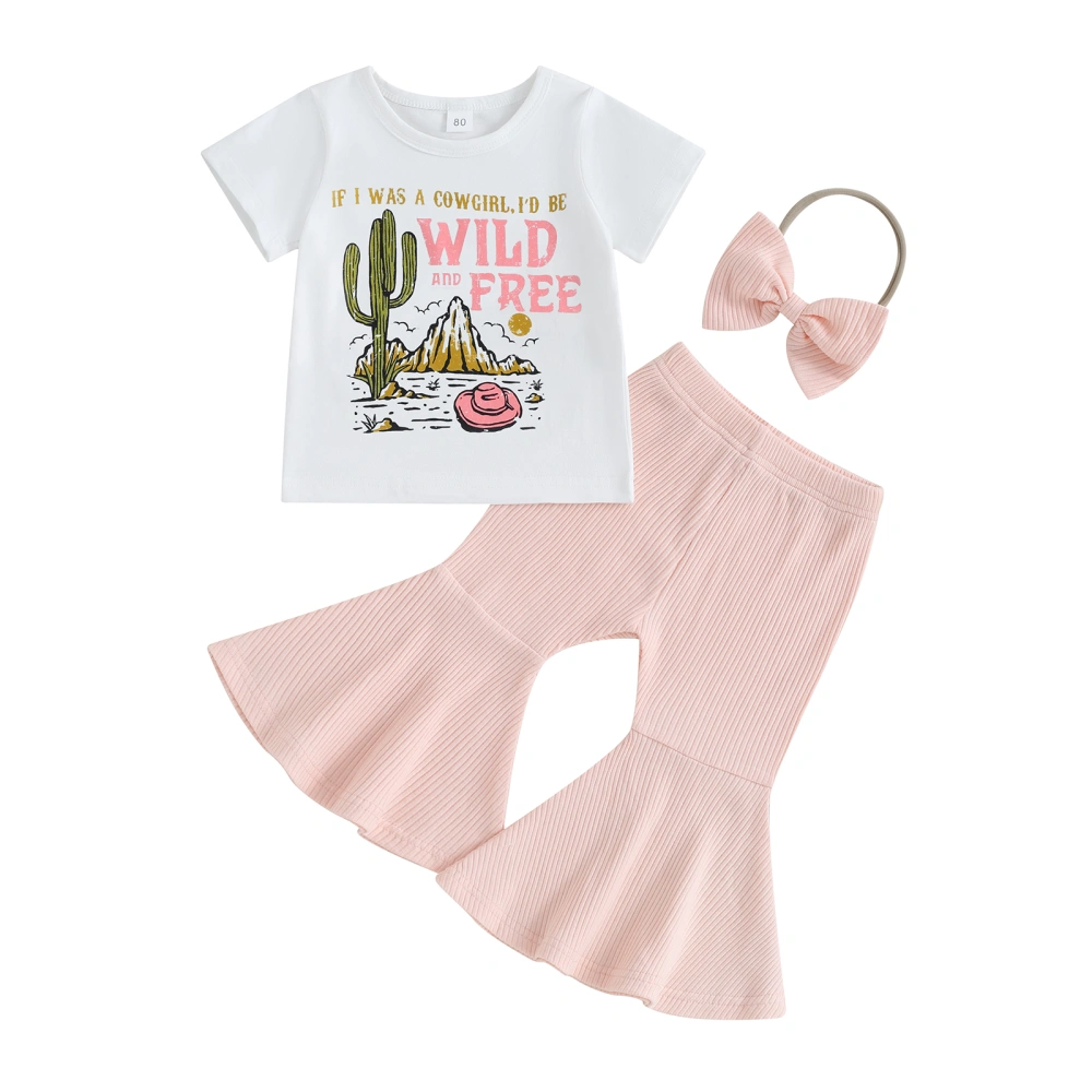 Girls Pants Set, Short Sleeve Letters Print T-shirt Pants Headband