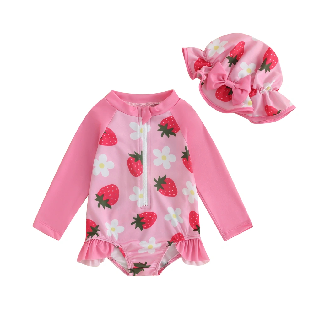 Baby Girls Swimsuit, Strawberry Flower Mermaid Bikini with Hat