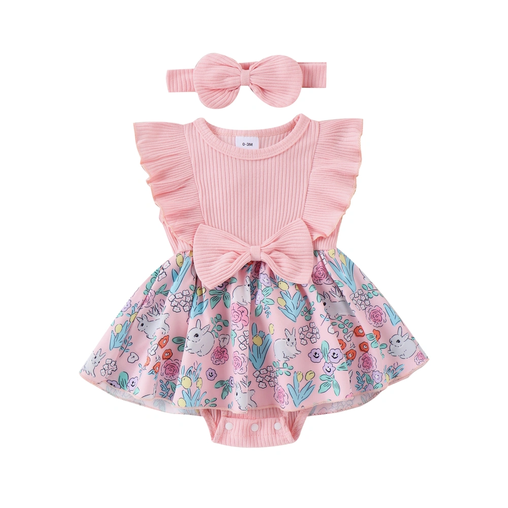 Baby Girls Spring Outfits Bunny Floral Print Ribbed Romper + Headband