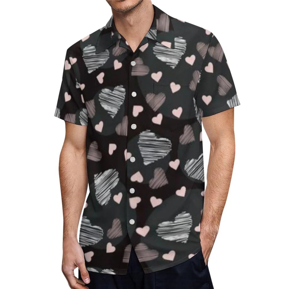 Men's Valentine's Day Shirt, Short Sleeve Heart Print Casual Tops