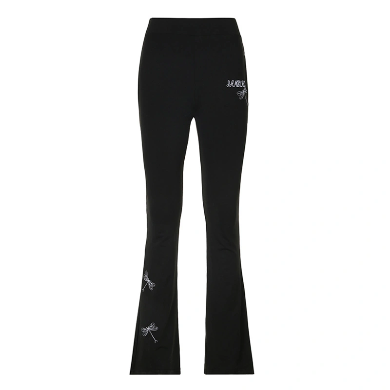 Women Elastic Waist Pants Dragonfly Embroidery Micro Flare Pants