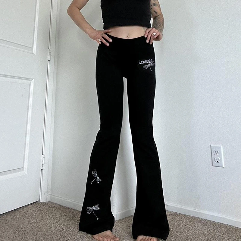 Women Elastic Waist Pants Dragonfly Embroidery Micro Flare Pants