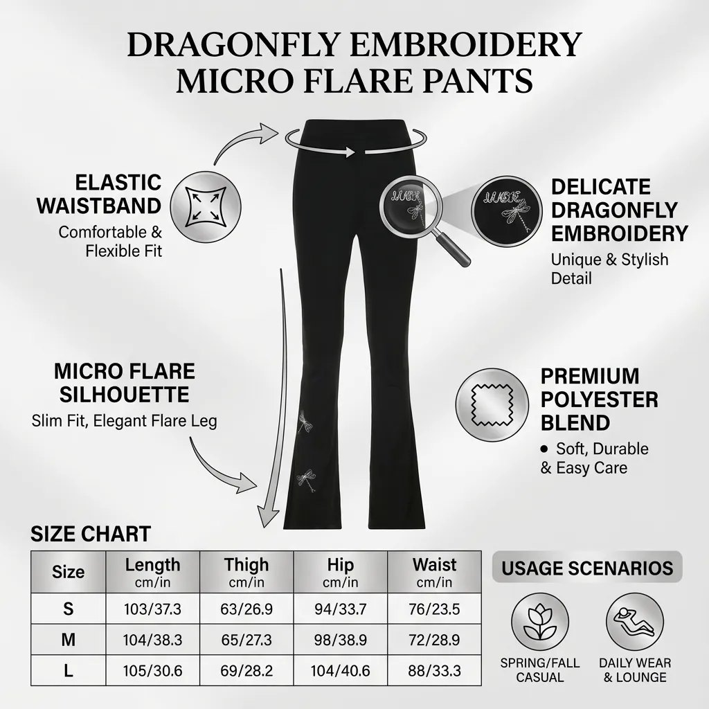 Women Elastic Waist Pants Dragonfly Embroidery Micro Flare Pants