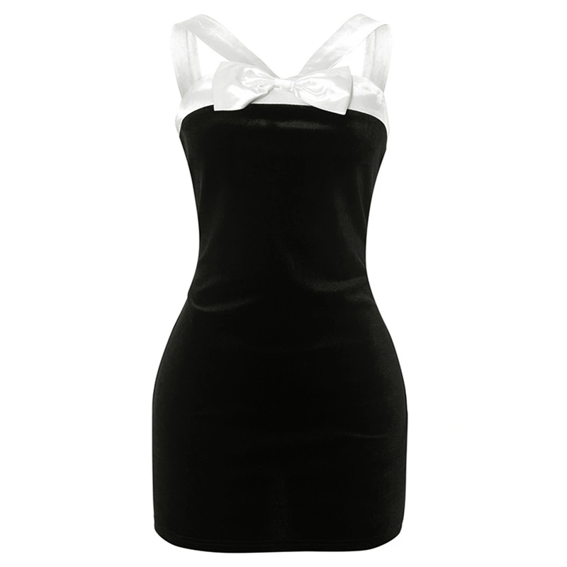 Women Slip Dress, Sleeveless Backless Contrast Color Bow Bodycon Dress