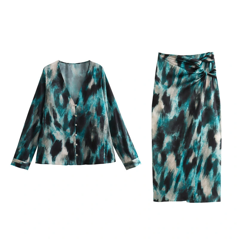 Fashion Printed V-neck Shirt Skirt Suit