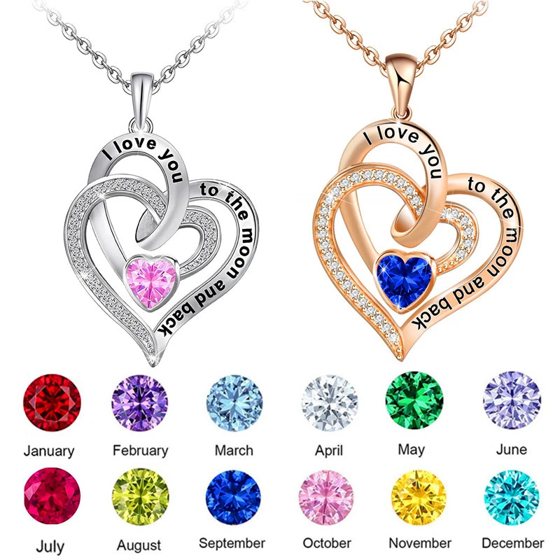 Lettering Necklace Double Heart Diamond Birthstone Necklace