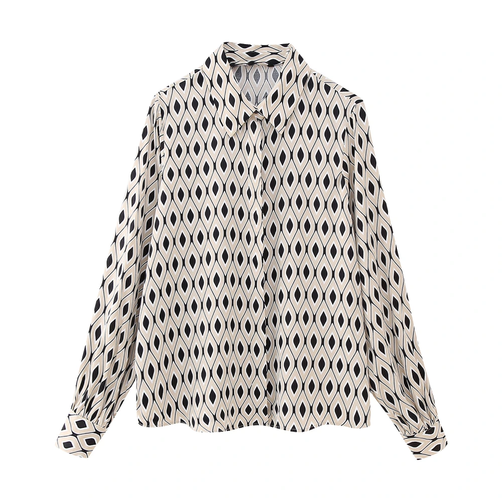 Women's Temperament Leisure Geometric Printed Silk Satin Textured Shirt