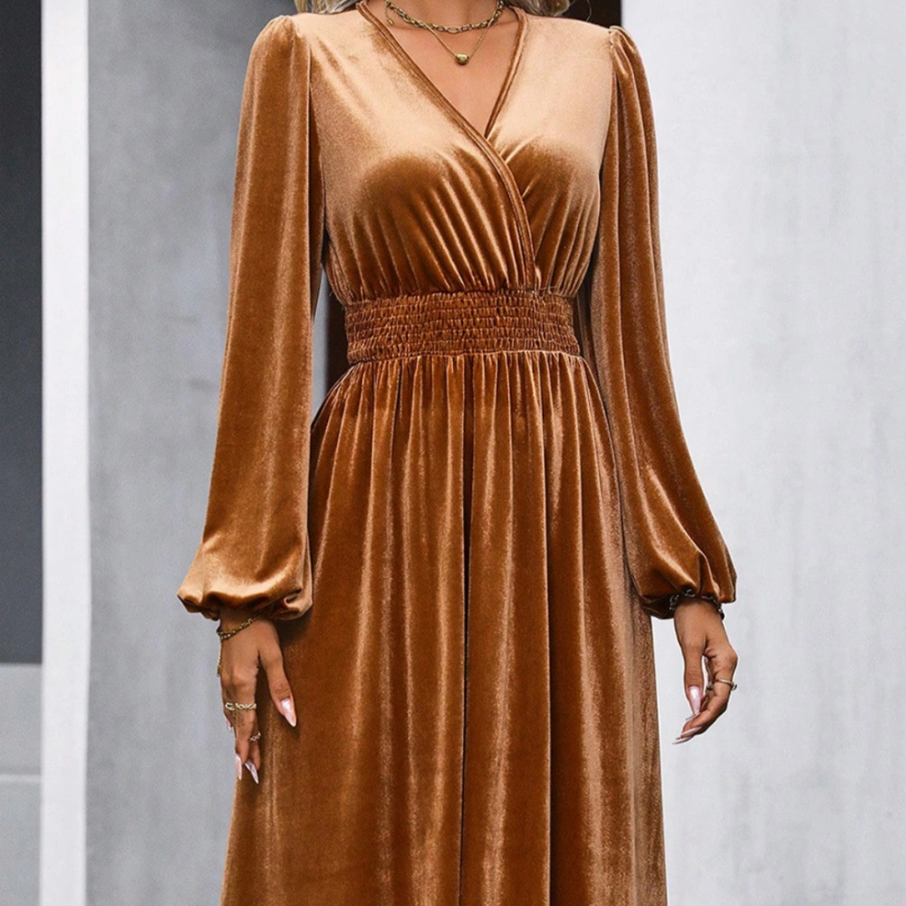 Solid Color Long Sleeve Dress Temperament Commute V-neck Pleated High Waist Dress