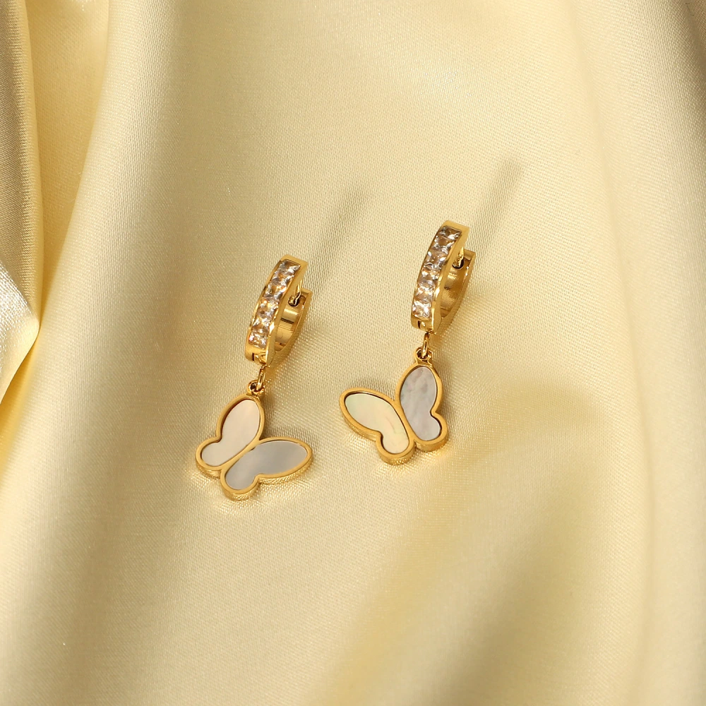 14K Gold Stainless Steel Earrings Natural White Shell Butterfly Pendant