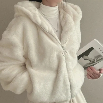 South Korea French Minority Zipper Hooded Warm Casual Sports Plush Coat