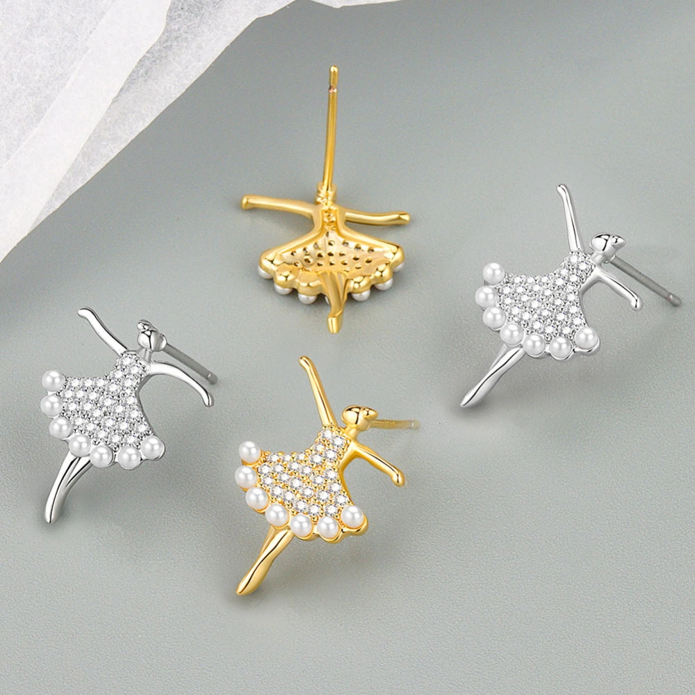 Women's Sterling Silver Needle Dancing Zircon Stud Earrings