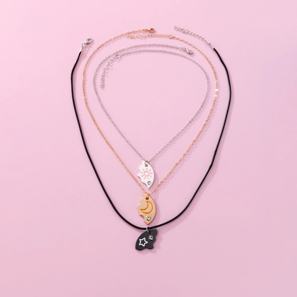 Star Moon Three-person Chain Advanced Design Alloy Oil Dripping Stitching Round Pendant Suit Necklace