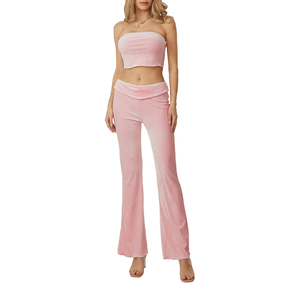 Women's Solid Color Strapless Crop Tube Tops with Wide Leg Pants