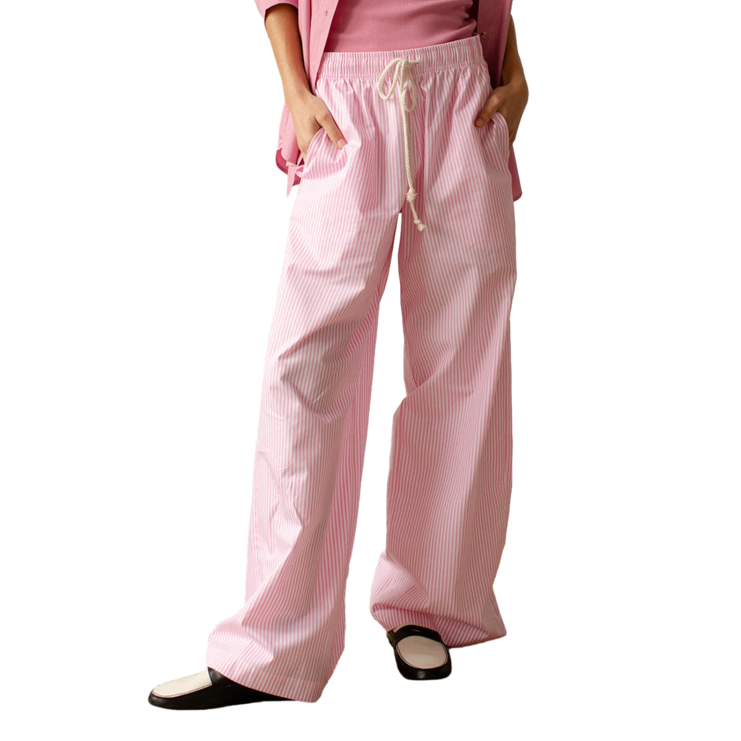 Women Wide-Leg Pants Stripe Drawstring High Elastic Waist Trousers