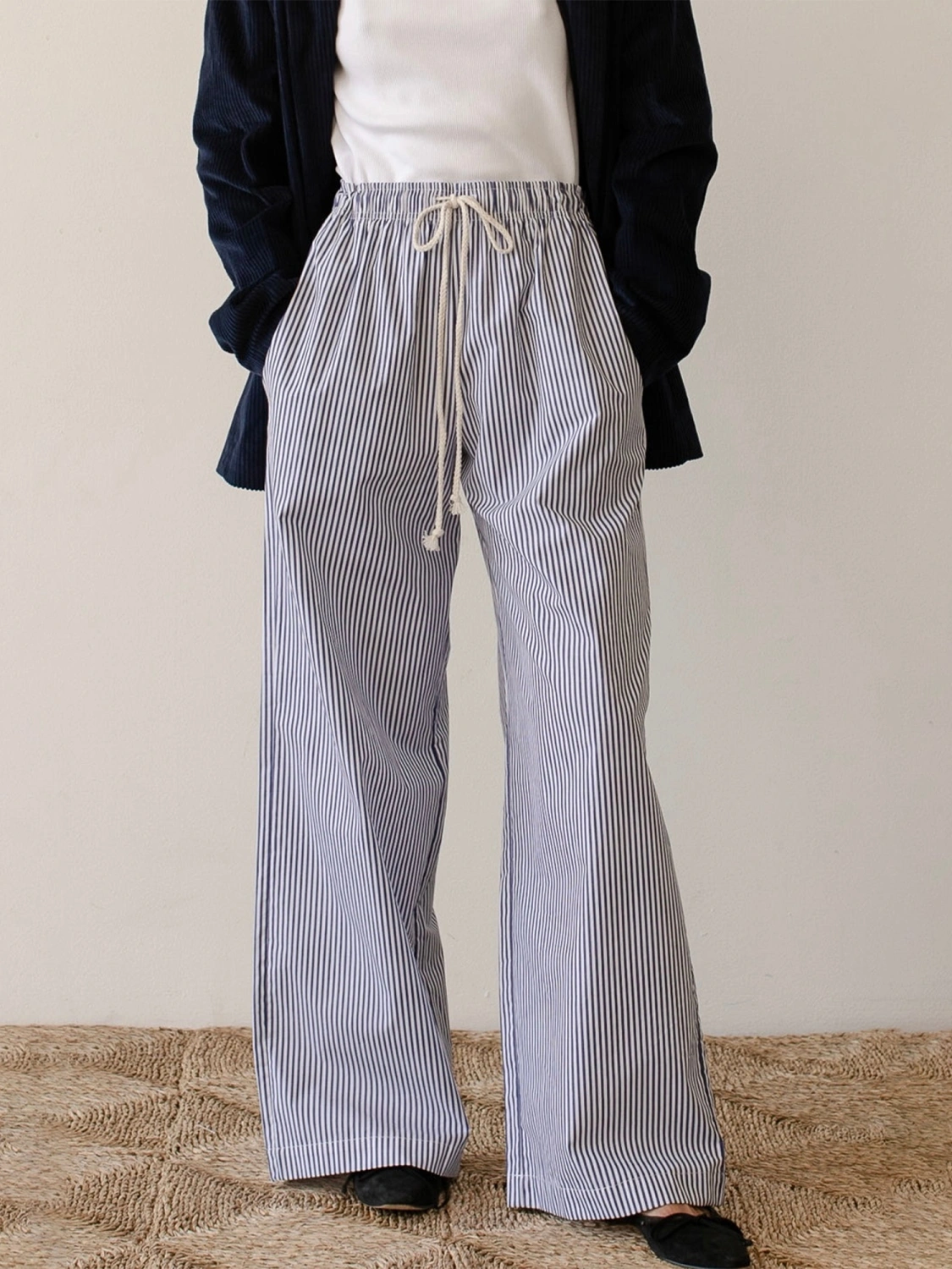 Women Wide-Leg Pants Stripe Drawstring High Elastic Waist Trousers