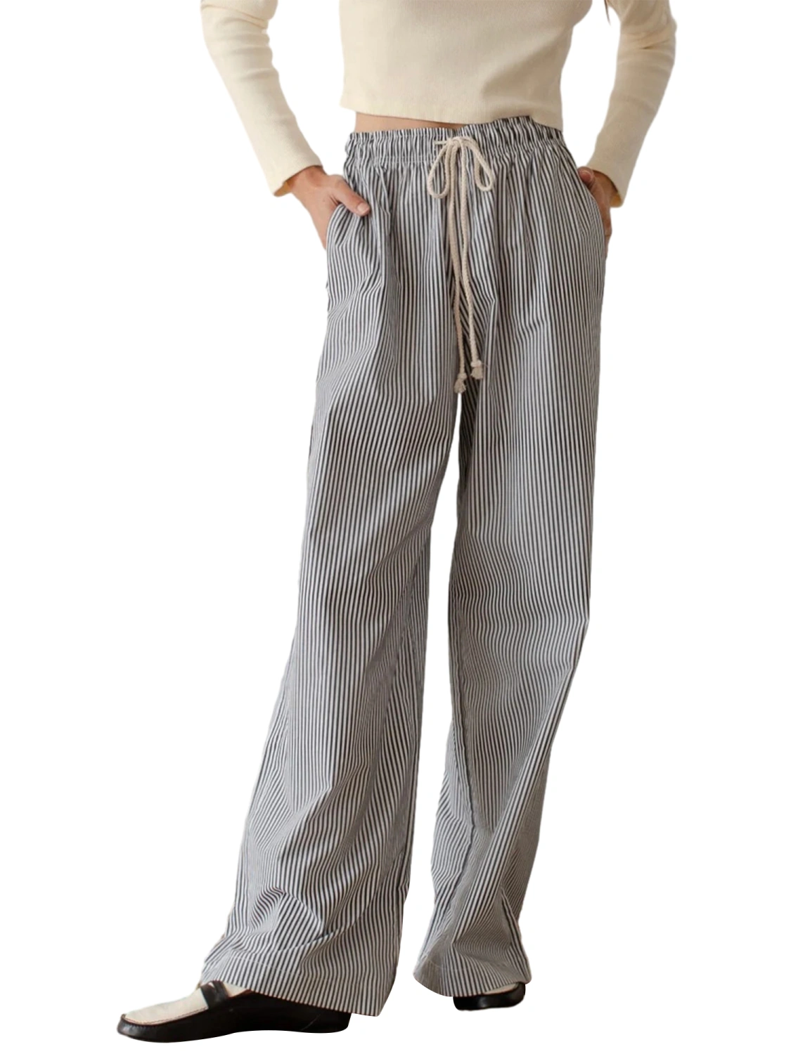 Women Wide-Leg Pants Stripe Drawstring High Elastic Waist Trousers