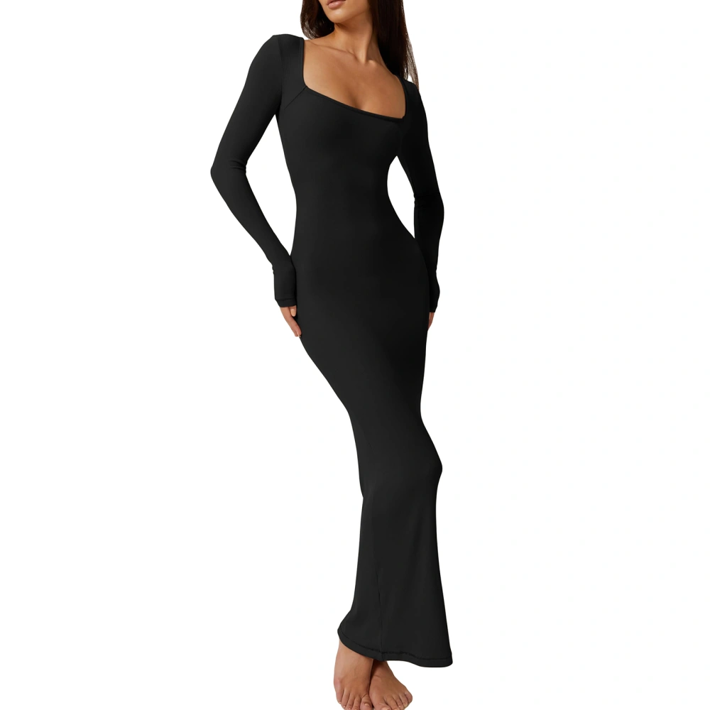 Women's Bodycon Lounge Dress Ribbed Square Neck Long Sleeve Dress