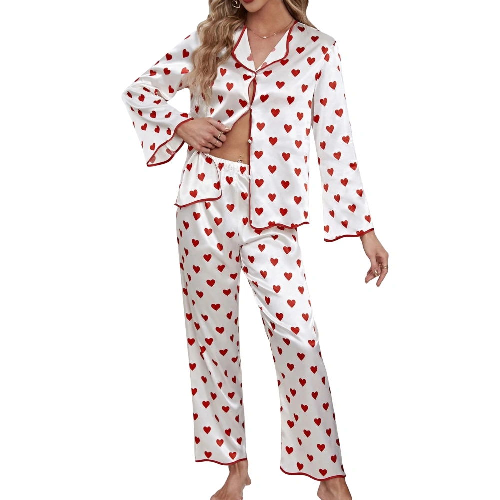 Women's Long Sleeve Tops + Elastic Waist Pants Satin Pajama Set 