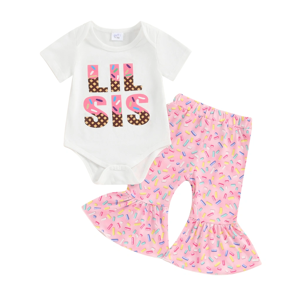 Baby Girl White Short Sleeve Letter Print Romper Donut Print Pants Set