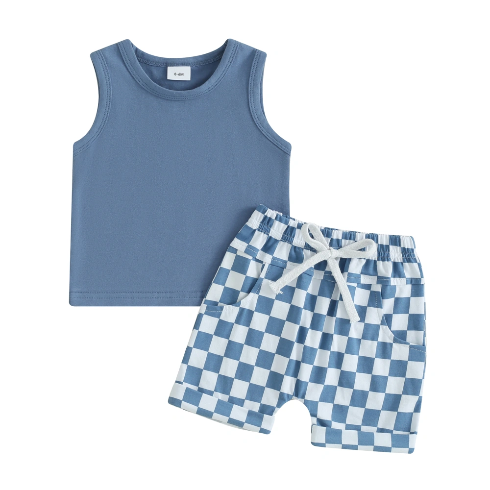 Toddler Boys Summer Outfits Solid Color Tops Checkerboard Shorts