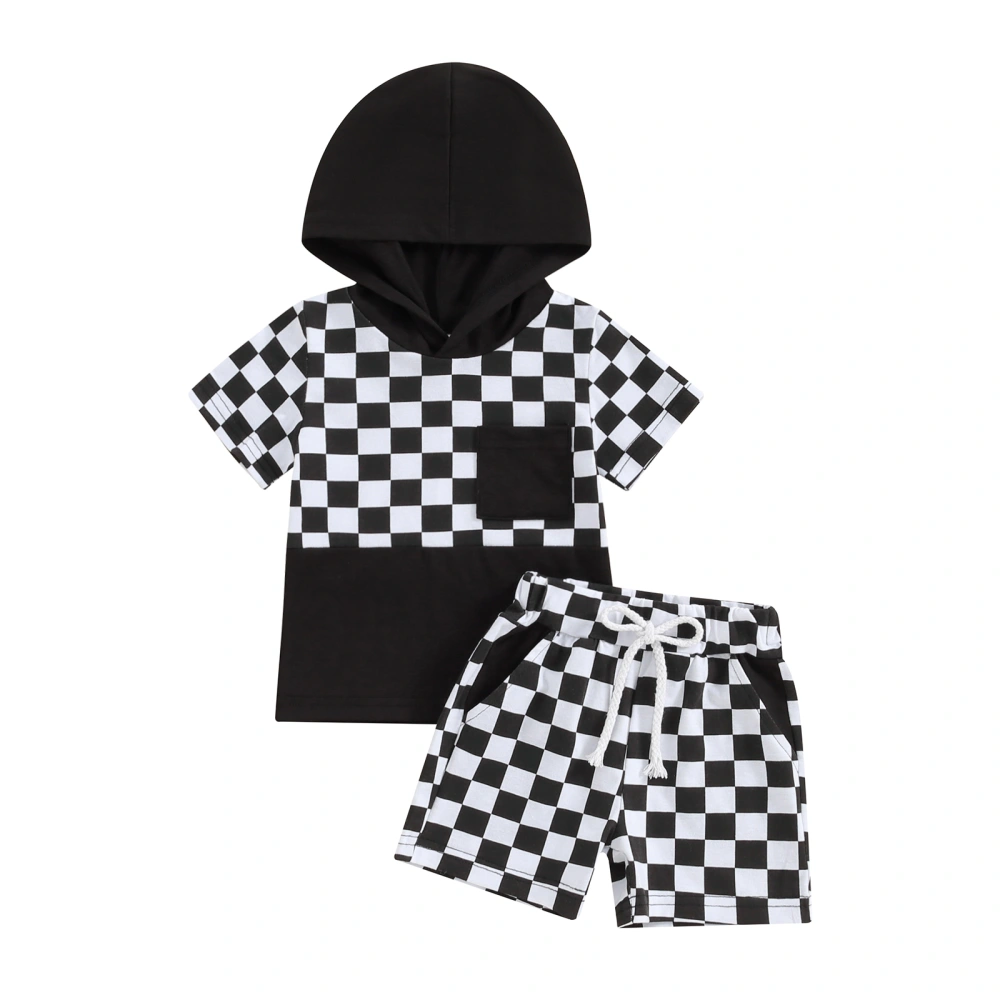 Toddler Boys Summer Outfits Checkerboard Hooded T-Shirts Shorts