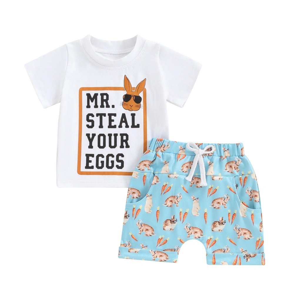 Boy Easter Letter Print Short Sleeve T-Shirt with Bunny Pattern Shorts