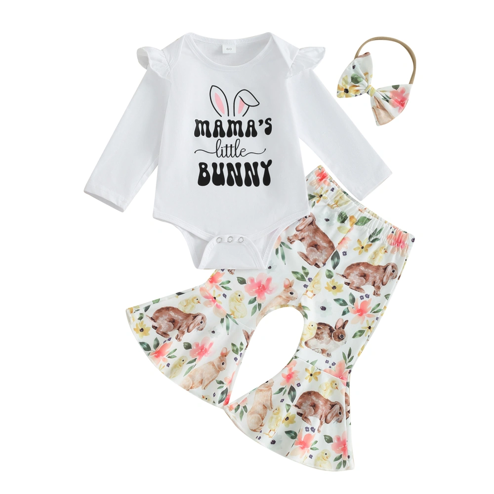 Baby Girls Easter Outfits Romper and Elastic Flared Pants Headband Set