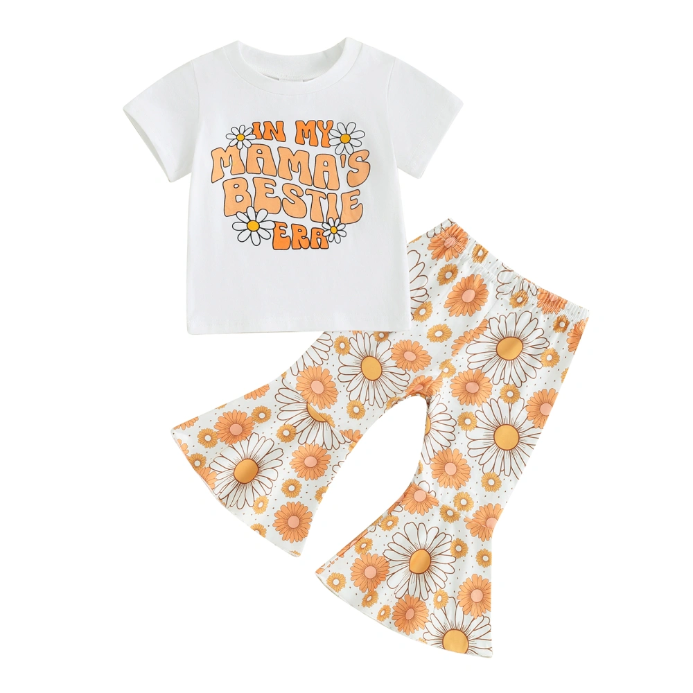 Girls Short Sleeve Letter Print Tops Floral Print Flared Pants Sets