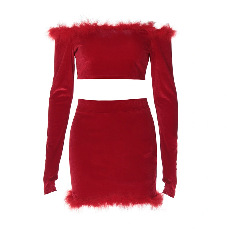 Women's Off Shoulder Crop Long Sleeve Tops + Mini Bodycon Skirt Set