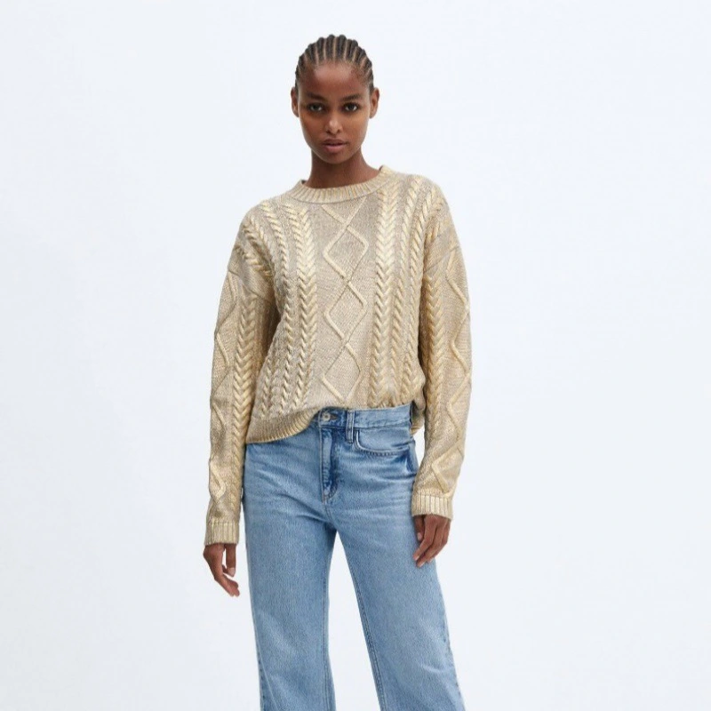 Retro Crew Neck Long Sleeve Rhombus Metal Foil Woven Sweater