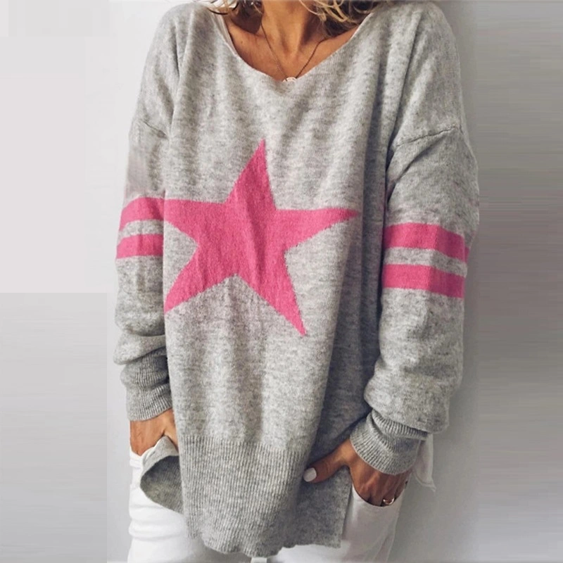 European And American Knitted Five-pointed Star Split Pullover Long Sleeve V-neck Winter Clothing Jacket