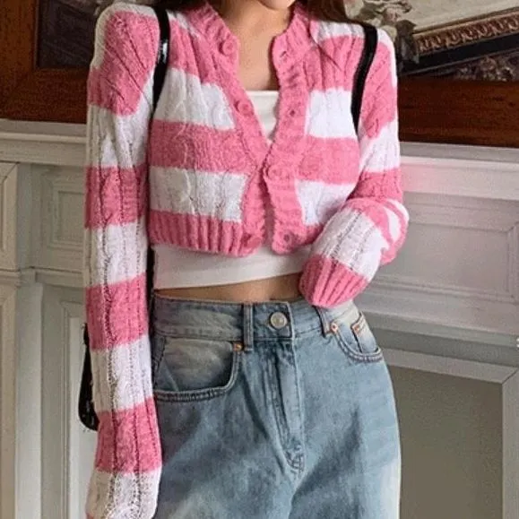 Autumn Women's Mixed Color Stripe Thin Cardigan Jacket Knitwear