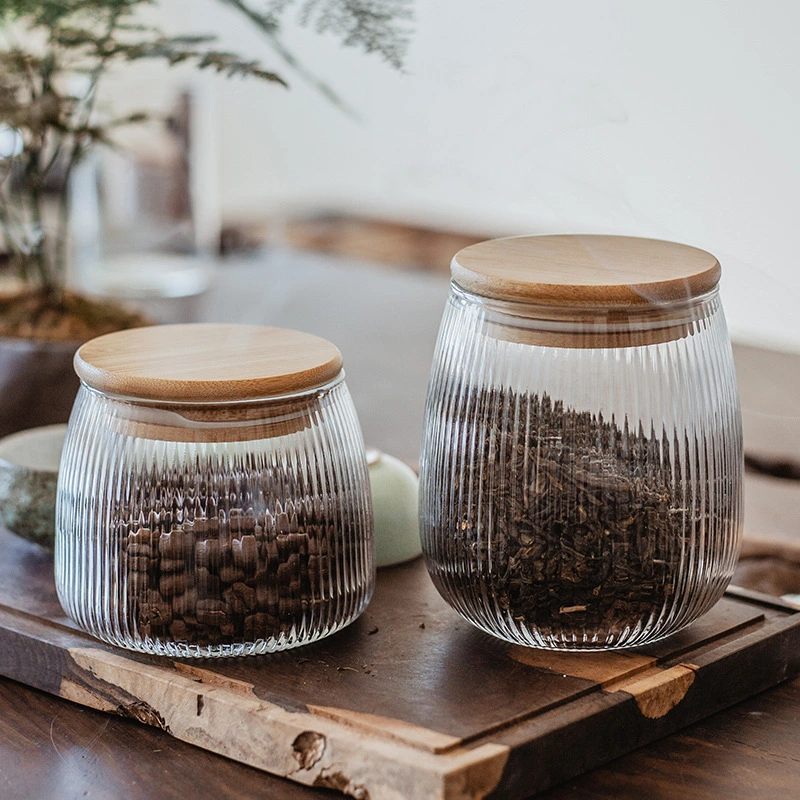 Vertical Granular Bamboo Lid Sealed Storage Glass Jar