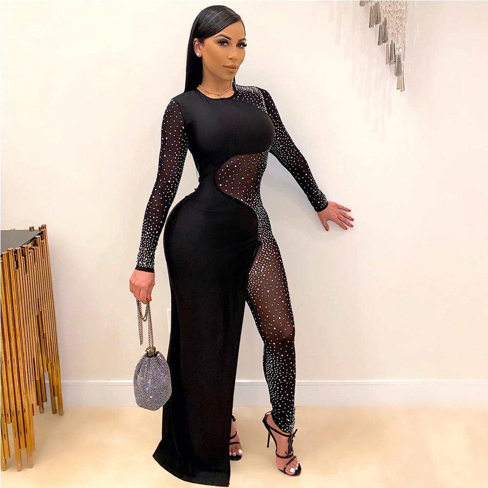 Net Rhinestone Loose Round Neck Siamese Split Skirt Women