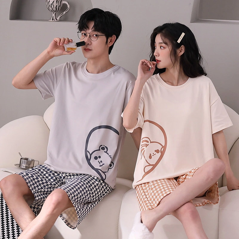 Spring And Summer Thin Short Sleeve Cotton Man Ladies' Homewear Cartoon Couple Pajamas