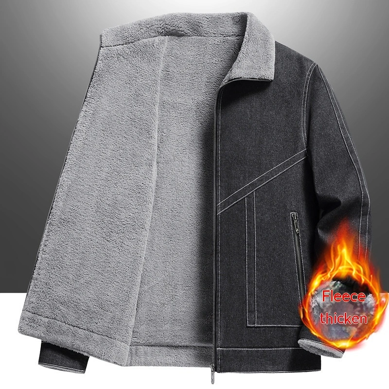 Denim Men's Fleece-lined Thickened Korean Style Lapel Youth Casual Jacket