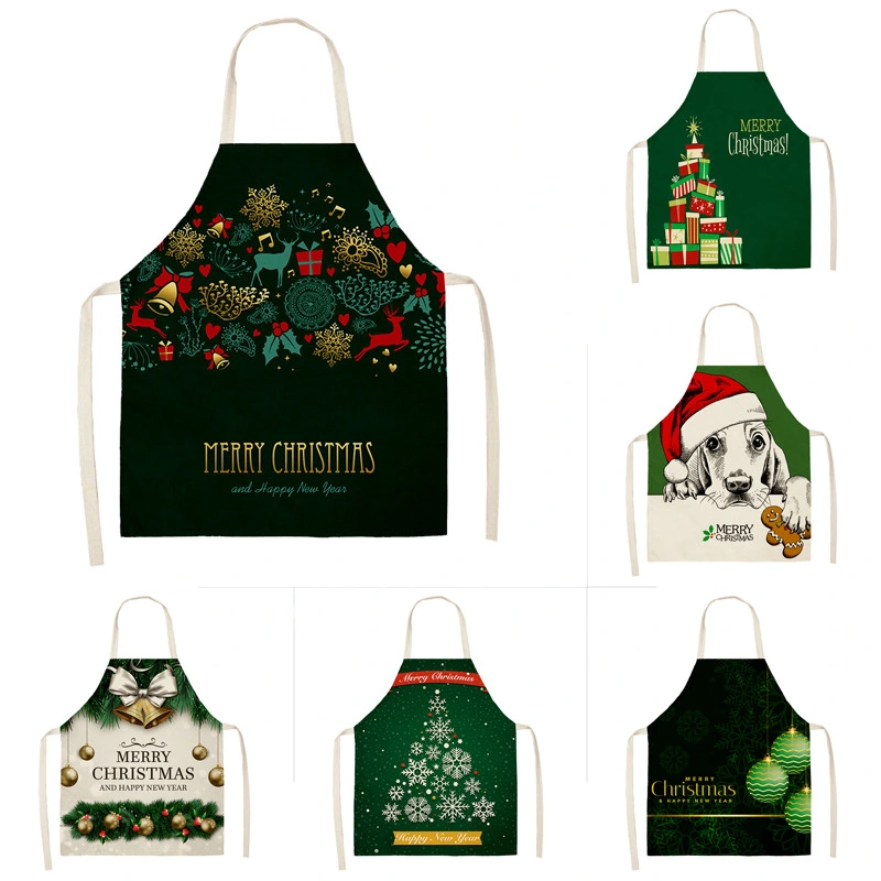 Household Green Series Christmas Dog Linen Apron Used In Kitchen