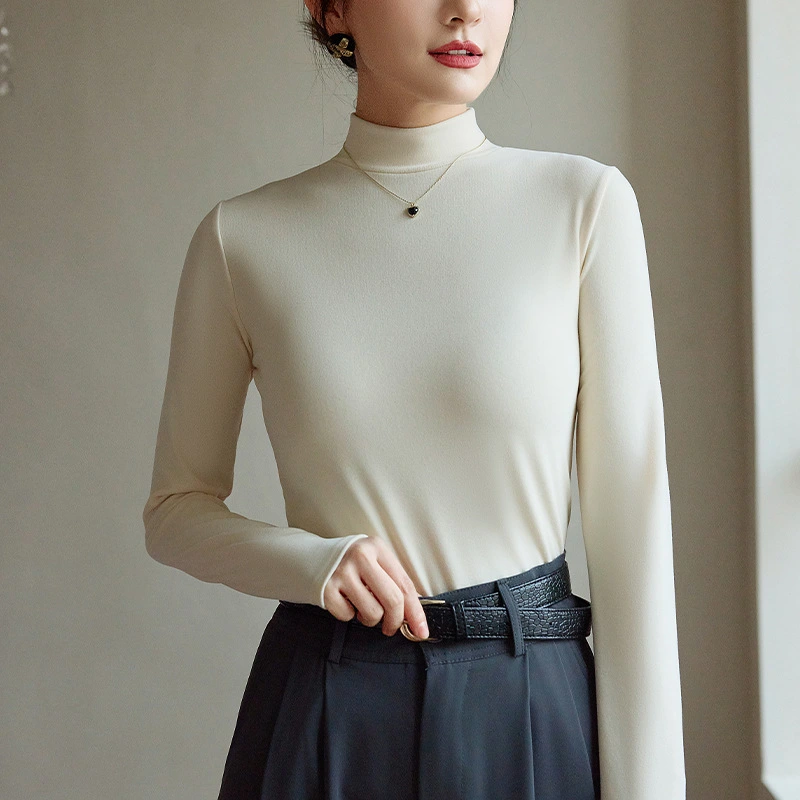 Half Turtleneck Solid Color With Fur Thick Warm Long Sleeves Top