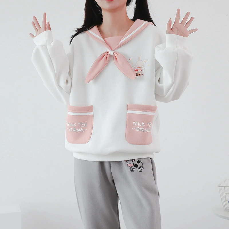 Japanese College Style Milk Tea Rabbit Sailor Collar Bow Brushed Hoody