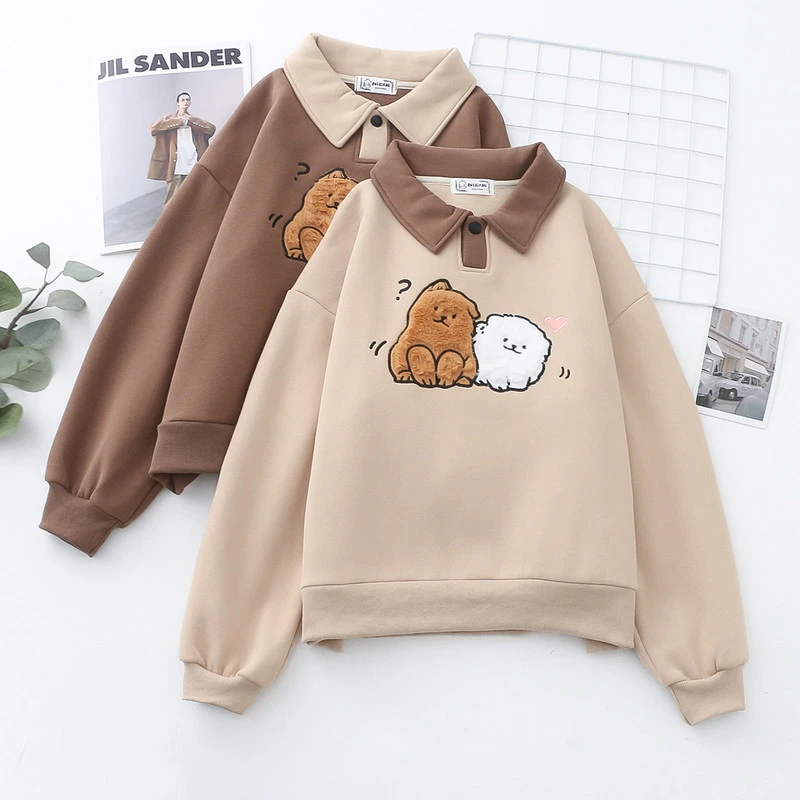 Japanese College Style Cartoon Wool Dog Fleece-lined Thickened Pullover Long Sleeve Sweater
