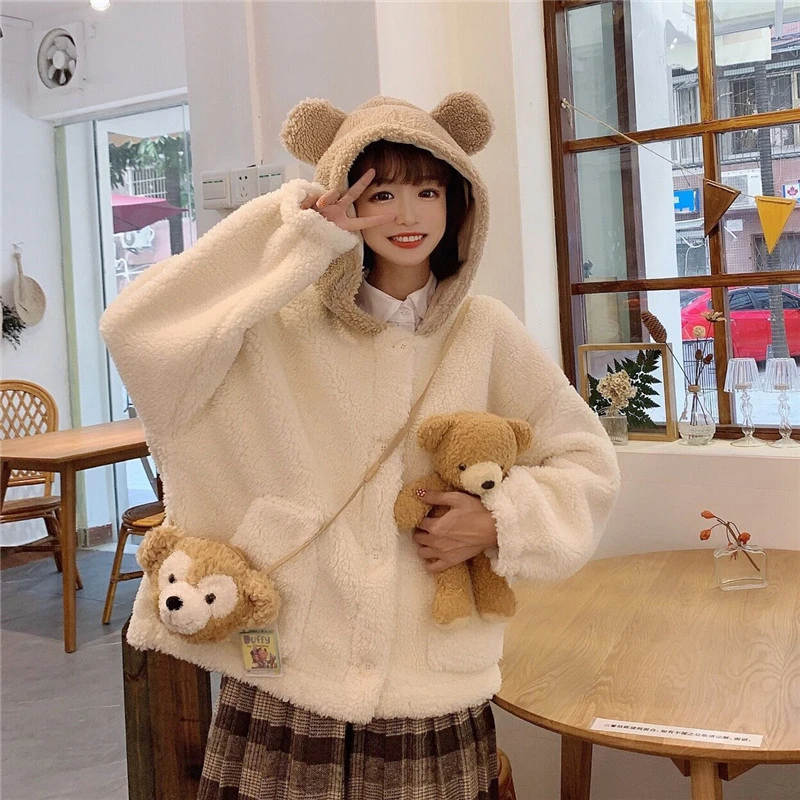 Cute Bear Ear Coat For Women Lamb Wool Winter Cardigan Top