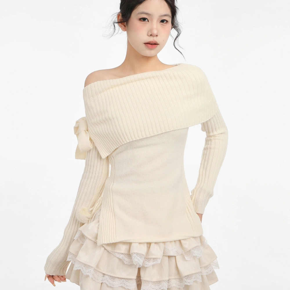 Women's One Shoulder Bow Sweater Cake Skirt