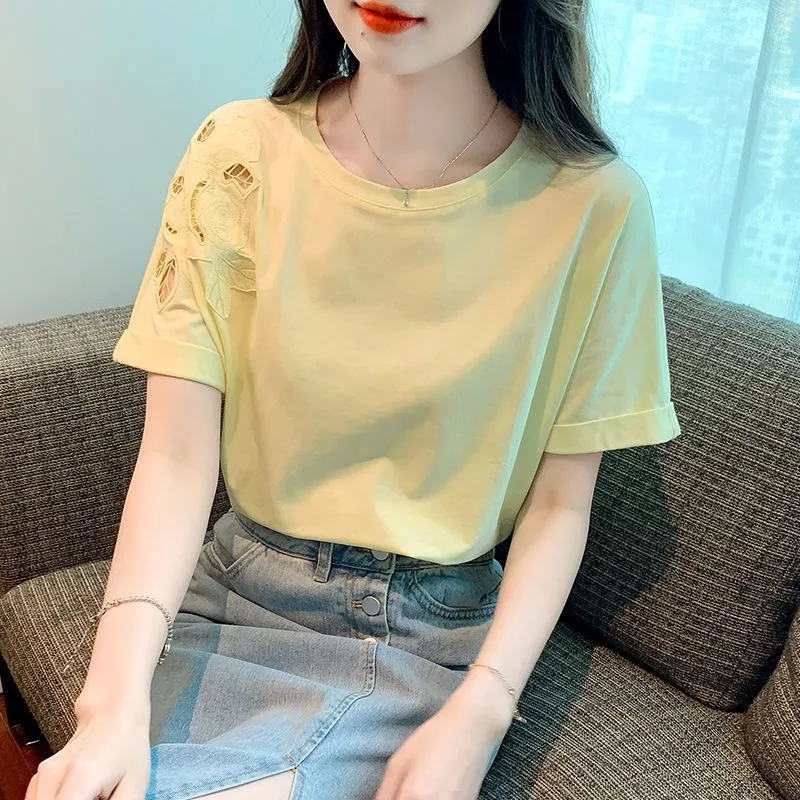Hollow Embroidered Design Summer New Pure Cotton Short Sleeve T-shirt
