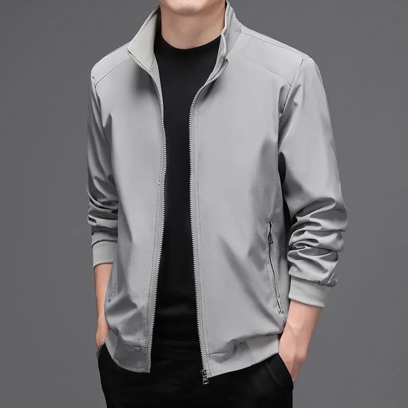 Men's Fleece-lined Solid Color Autumn Stand Collar Jacket Business Casual Jacket