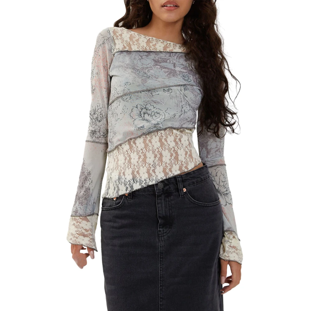 Women's Lace Patchwork Tops Long Sleeve Boat Neck Asymmetrical Blouse