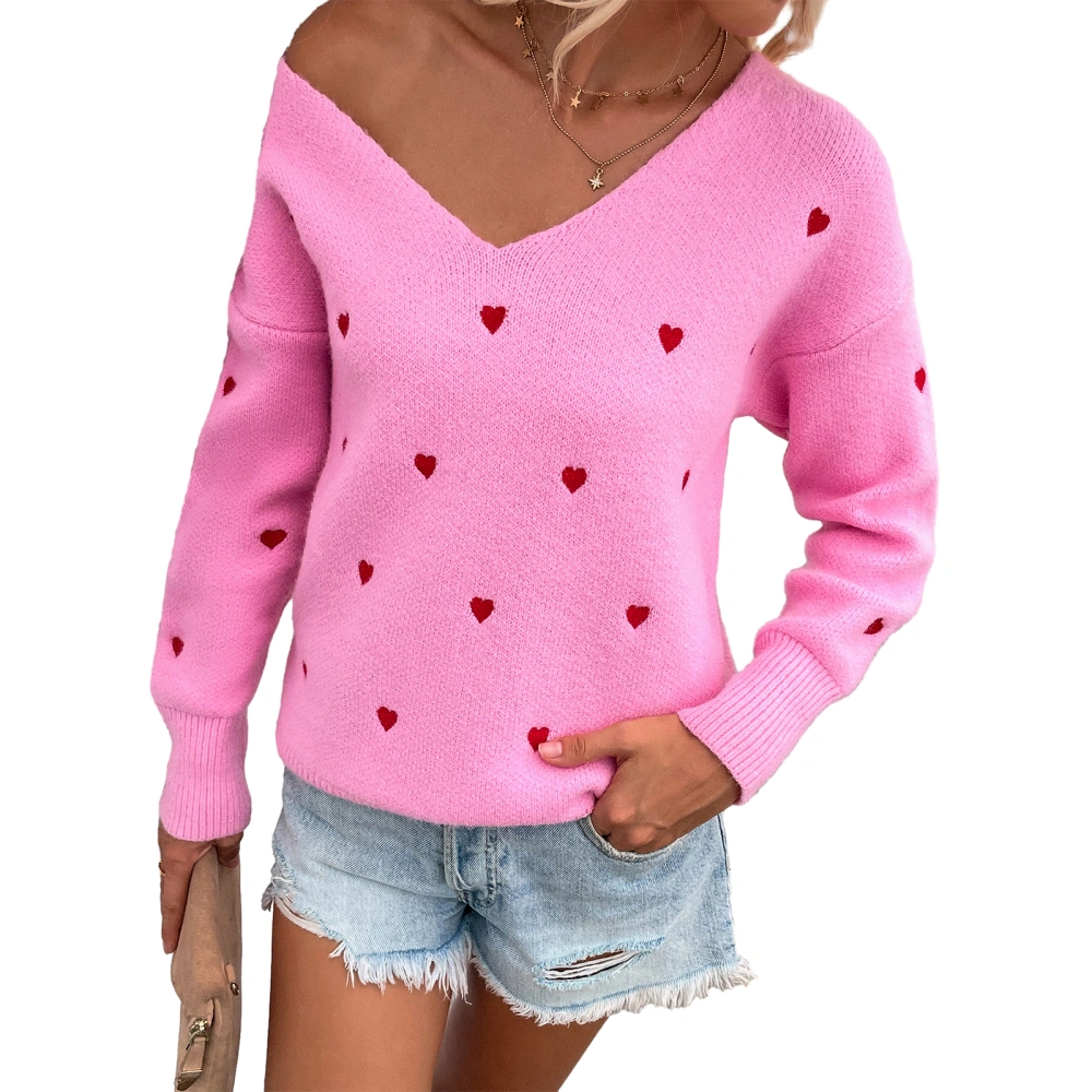 Women's Spring Long Sleeve V Neck Heart Print Loose Knitwear