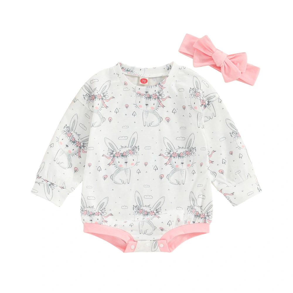 Long Sleeve Rabbit Print Romper + 3D Bow Headband Baby Girl Easter Set